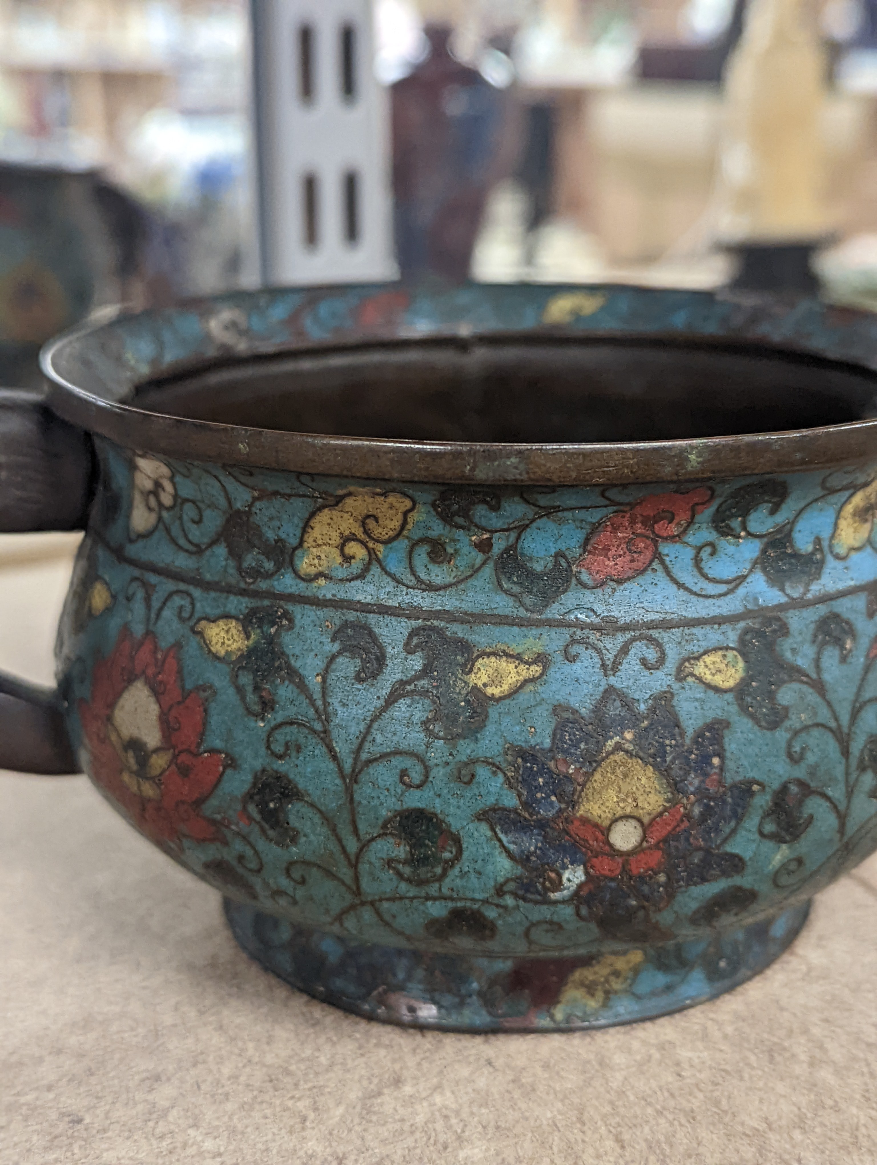 A Chinese late Ming dynasty bronze and cloisonné enamel ding censer 18cm